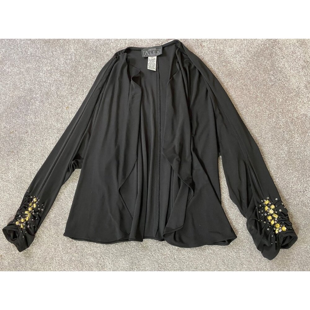 Alex Evenings Black Open Front Cardigan Bead Jewel Accent Sleeves Petite Large